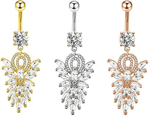 Epinki Piercing Schmuck, 3stk Piercings Set, Edelstahl Nabelpiercing Blatt Bananabell Piercing mit Anhänger Zirkon Körperschmuck, Tricolor