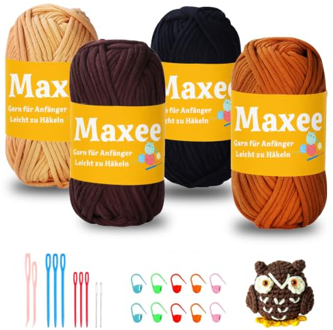 Maxee Häkelgarn für Anfänger, 200g (50gx4 Farbe) Kein Geteiltes Garn, Dickes Garn Baumwolle zum Häkeln, Häkeln Amigurumi Wolle, Klobiges Baumwollgarn Einfaches Strickgarn zum Häkeln Stricke