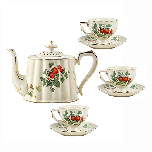 sjdoPulse Teapot Set Ceramic,Afternoon Tea Set Tea Set For Adults Porcelain Coffee Cups And Saucers Bone China Pink Teapot Sets Old Country Roses Teapot 7 Pieces (A)