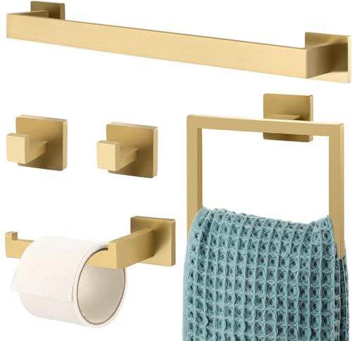 Set di 5 pezzi di accessori per il bagno in oro per il bagno | 23.6 Pollici Portasciugamani In Acciaio Inox Accessori Da Bagno Set Barra Asciugamano Anello Porta Carta Ganci Accappatoio