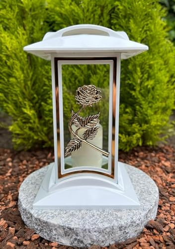 Lanterne funéraire avec motif roses - 27 cm de hauteur - Couleur or - Bougie funéraire - Lanterne de jardin avec bougie