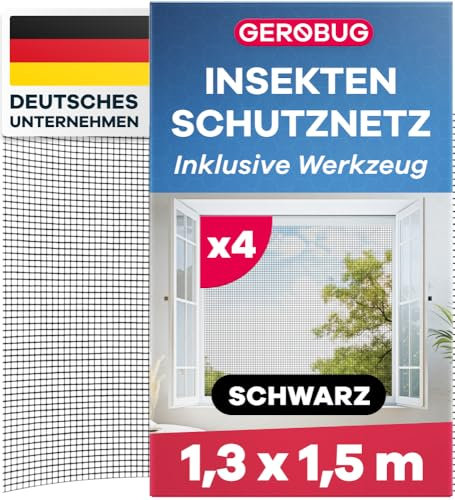 GEROBUG Fliegengitter Fenster ohne Bohren - 130x150 cm 4 Stück, schwarz - feinmaschiger Fenster Fliegengitter mit Klebestreifen - Insektenschutz Fenster - Fliegennetz Fenster, Mückennetz Fenster