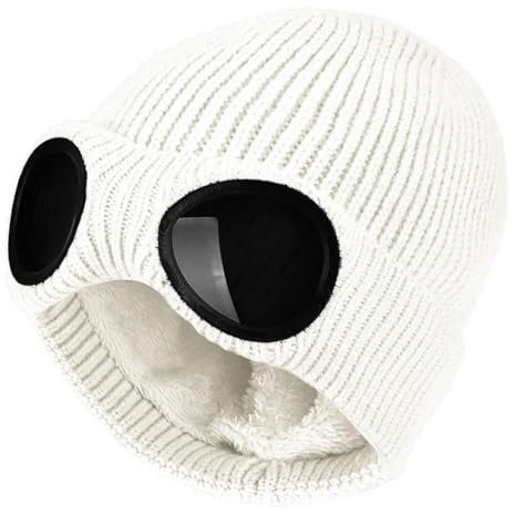YUECIBAI Fliegermützen Verdickte Winter-Strick Mütze Warme Mützen Für Männer Frauen 56-60Cm Weiß