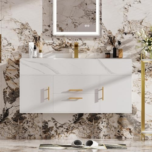 Homary Badezimmer-Waschtisch-Set Modern 99,8 cm, Schwimmender Wandwaschtisch mit Sinterstein-Arbeitsplatte aus weißem Sinterstein und Einbaubecken