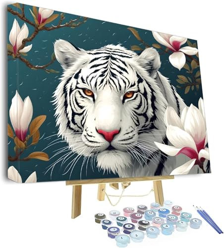 Malen Nach Zahlen Erwachsene Blume Malen Nach Zahlen Kinder, Paint by Numbers Tiger Knitterfreie Leinwand Bilder, diy GemäLde Kit mit Pinsel und Acrylfarbe Als Geschenk für Wanddeko 40x30cm P-705