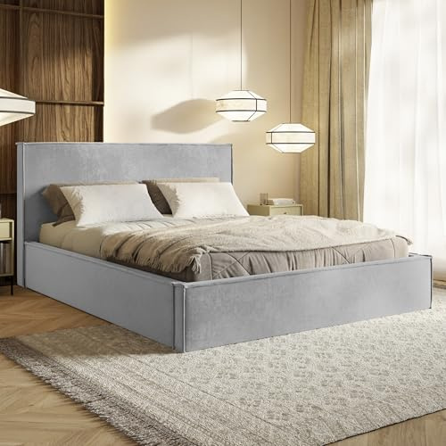 MOTIVENA Boho Bett 200x200 Grau Samt, mit Stauraum, mit Kopfteil, mit Lattenrost, ohne Füße, ohne Matratze, Polsterbett 200x200 mit Bettkasten Grau (Hellgrau)