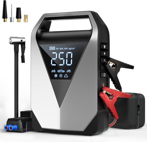 Wyxron Starthjälp powerbank med kompressor, 6-i-1 bilbooster starthjälp 150PSI 3000A för 12 V Jump Starter, bilstartare med LCD-skärm/QC3.0 laddning/LED (All bensin/8L diesel)