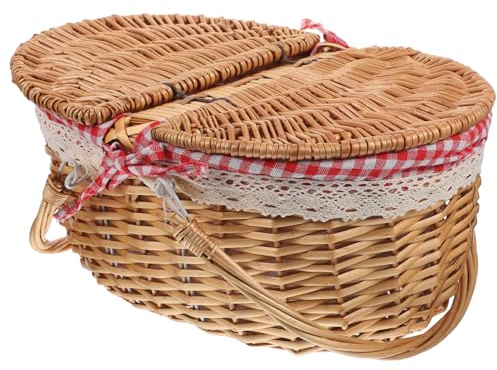 BESTonZON De Picnic Rústica De Mimbre con Tapa Cesta Tejida Portátil para Almacenamiento De Frutas Verduras y Snacks para Picnics y Actividades