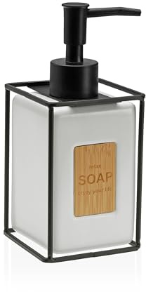 Dispenser Sapone Cucina Quadrato in Ceramica con Supporto in Metallo Nero – Dosatore Moderno per Bagno o Cucina – Design con Inserto in Bambù (Bianco)