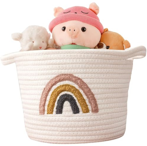 Roysmart Klein Aufbewahrungskorb Baumwollseil, Waschekorb Geflochten Gewebter Spielzeugkorb Kinder Aufbewahrungsbox, Regenbogen Deko Korb für Handtücher, Decken, Spielzeug, Kleidung, Geschenke