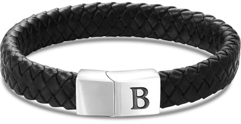 HSWYFCJY Lederarmband Armband Herren Lederkette Personalisiert A-Z Buchstabe Armband Verschluss MäNner Schwarz Geflochten Leder ArmbäNder Wickelarmband Geschenk FüR Vater