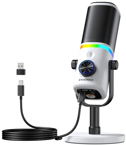 aokeo Microphone PC, AK-10 USB/XLR Dynamic Gaming Microphone for Podcast, Streaming with RGB Lighting, Volume Control, Mute Button and Noise Reduction (White)