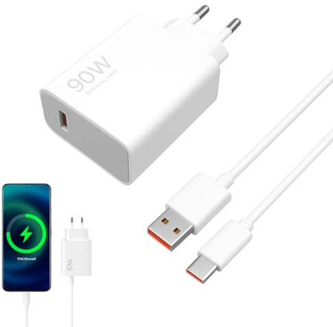 Cargador USB-C 90W con Cable 2m 6A, Turbo Hyper Charge Compatible con Xiaomi Redmi Poco Pad, Cargador Rápido Universal para Smartphone Tableta Portátil, Adaptador de Viaje