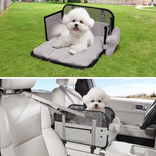 GGW Hundesitz Auto für kleine Hunde & Katzen, bis 6kg, Grau | Transporttasche mit Schultergurt, aufklappbares Katzenkissen & Stahlrahmen. Perfekt für Tierarztbesuche.