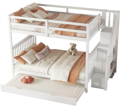 Etagenbett mit Treppe und Regalfunktion aus massivem Kiefernholz und MDF, ausgestattet mit ausziehbarem Rollbett, hoher Sicherheitsgeländer, inklusive Treppenregal mit Stauraum (Weiß,140x200cm)