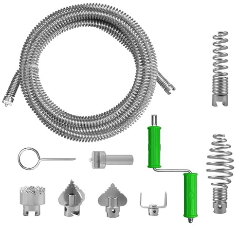 Yolispa Espiral de limpieza de tuberías de 5 m, limpieza de tuberías en espiral con 6 cabezales de corte, desatascador en espiral manual o eléctrico para inodoros, lavabos y desagües de suelo