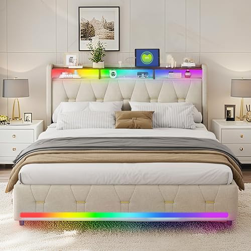 XMETPR Struttura letto 140x200 cm con illuminazione a LED, lino, beige | Ripiano per testiera, letto imbottito, con 4 cassetti portaoggetti, doppi porti di ricarica, doghe in legno.