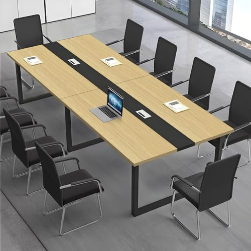CCUKTFN Tavolo Riunioni Ufficio Moderno, Tavolo da Conferenza Rettangolare con Canalina per Cavi e Struttura in Metallo Nero, Ideale per 8-12 Persone, Sala Conferenze e Seminari