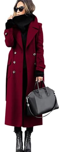 BUhuiBabubu Womens Coats, Womens Winter Double Breasted Wool Blend Coats Long Sleeve Notch Lapel Dressy Long Trench Coat Work Office Overcoat for Ladies Ladies Gifts,Wine,M,u769k