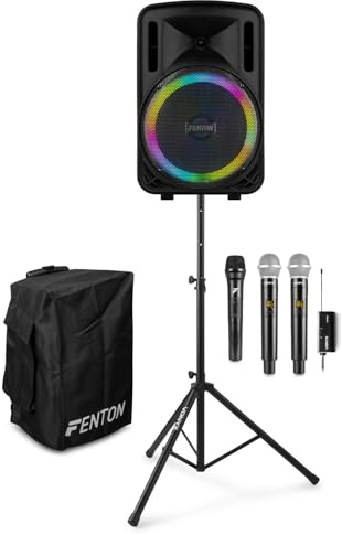 Fenton FT12LED MK2 Portable PA System Package with 3 Wireless Mics, Tripod, and Custom Cover – 12” Rechargeable Bluetooth Speaker, Complete Karaoke Party Solution for Events, Home, DJs, Outdoor Use
