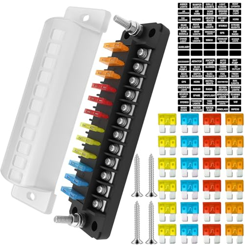 KELAV Bloc de Protection 12 Voies avec 24 Fusibles Inclus,Boîtier IP65 pour Systèmes 12V/24V (Max 32V),Compatible Voiture, Bateau, Camping-Car,Idéal pour Phares, Audio et Équipements Électriques