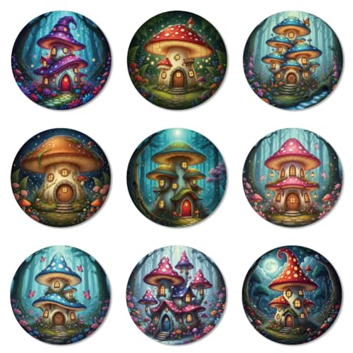 ANATTASOUL Mushroom House Wood Coasters Set of 9 for Coffee Table | Home Decor,3.9 Round,Vintage,Colorful Wooden Cup Mat,Funny Desk Coasters,for Apartment,Office,Bar,Kitchen,Gifts