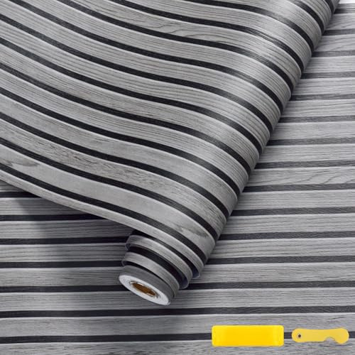 SIMDAO Wooden Slats Panelled Wallpaper, 45cmx600cm Realistic Wood Panel Wallpaper with Tool, Waterproof Plank Vinyl Sticky, 3D Effect Backsplash Wallpapers Roll for Hallway, Office, Bedroom (Grey)