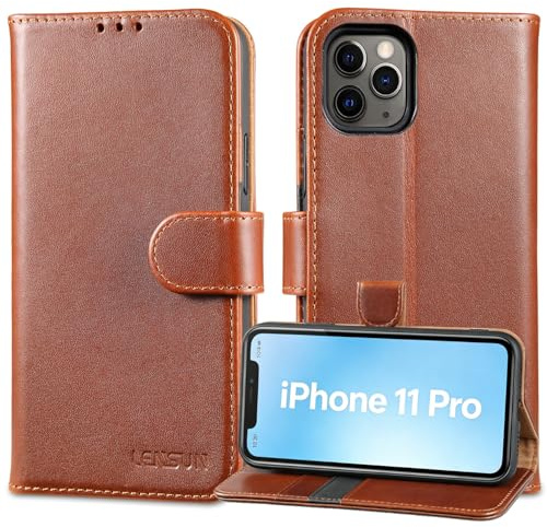 LENSUN Echtleder Handyhülle für iPhone 11 Pro, Dunkelbraun