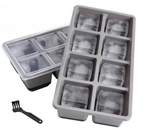 2 moldes para cubitos de hielo con tapa grande, cubitera con tapa, moldes de silicona para cubitos de hielo con cepillo pequeño, bandeja de silicona para cerveza, cócteles, whisky (gris)