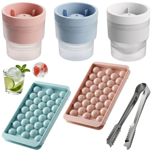 3Pcs Ice Ball Mould & 2 Pcs Ice Tray with Ice Tongs, 6CM Large Sphere Ice Cube Moulds, Complete Set of Round Ice Cube Moulds and Sphere Ice Mould for Cocktails(Blue/White/Pink)