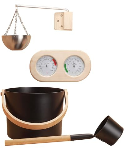 En Aluminium Pour Sauna – Aluminium, Ensemble De Cuillères À Eau De, Kit Thermomètre Et Hygromètre | Accessoire À Vapeur Finlandais, Seau À Louche À Long Manche Pour Salle De Chauffage
