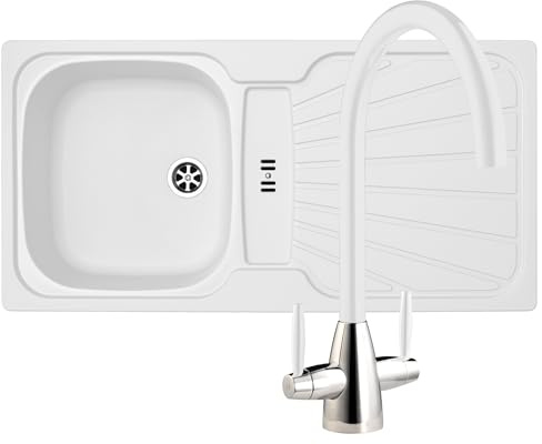 Liquida CMP5WH 1.0 Bowl White Kitchen Sink with LC02WH White Mixer Tap