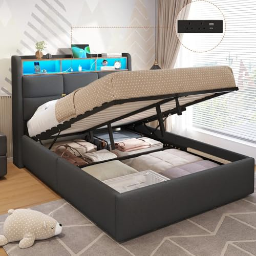 DICTAC Small Double Ottoman Bed Frame with Hydraulic Storage, Charging Station and Led Lights 4ft Upholstered Platform Bed Frame with Storage Headboard,Sturdy Wood Slats,Grey-120x190 cm(No Mattress)