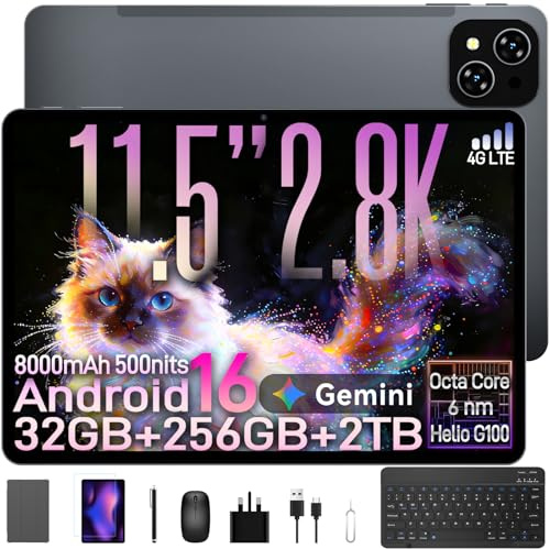 11.5 Inch Android 16 Tablet with Keyboard, 2.8K 120Hz, 4G LTE | 32GB RAM, 256GB storage, up to 2TB expansion, Gemini AI, SIM slot, keyboard and pen included.
