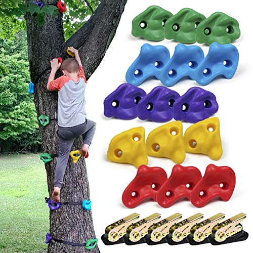 SSBRIGHT Baumkletterer, 15 Stück Klettergriffe / Stufen für Kinder Outdoor Aktiv Spielen mit 6 Ratschengurten