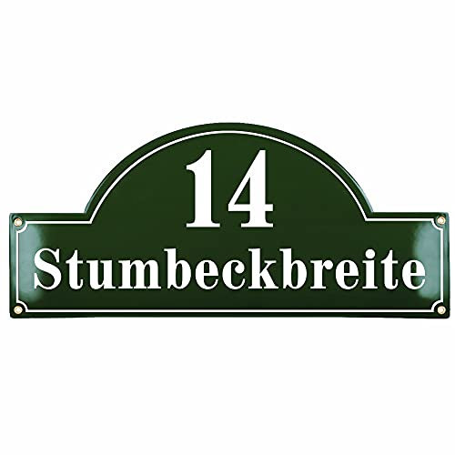 Sosenco Hausnummerschild Hausnummer mit Straßenname - 27x60 cm - Keramik Emaille - Wetterfest - Personalisiert (Grün)