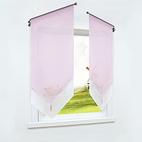 CORLIF Scheibengardine Voile Bistrogardine mit Tunnelzug Transparent Einfarbiger Küche Kurzgardine Mordern Rosa BxH 40X90cm 1 Stück