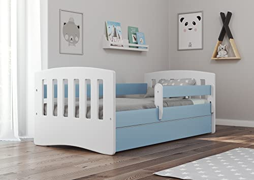 Kinderbett Jugendbett 80x160 80x180 mit Rausfallschutz Matratze Schublade und Lattenrost Kinderbetten für Mädchen und Junge - Classic I (80 x 180 cm mit Matratze, Blau)