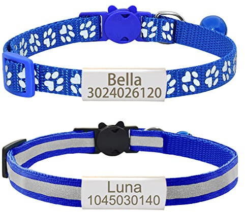 Senristar Personalisierte 2 Pack Reflektierende Katze Halsband, Benutzerdefinierte Breakaway Halsbänder mit Namensschild und Glocke, Anti-Verlust für Mädchen & Jungen, Nacken: 20-28 cm