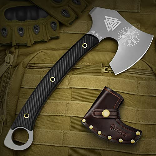 NedFoss Axt Survival, Survival Axt mit Scheide, Gute Buschausrüstung, Full Tang, Outdoor Axt aus einem Stück Stahl gefertigt, Bushcraft Axt, Camping Axt mit G10 Griff, Gute Outdoor Ausrüstung (WJR)
