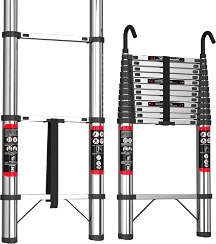 16.4FT 5M Telescoping Ladder With Hooks Stainless Steel Extendable Foldable Retractable Lightweight Portable 150KG Capacity EN131