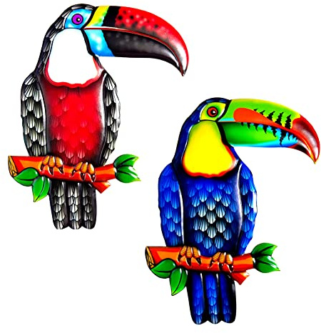 2 Stück Metall Kolibri Wanddekoration Gartendeko,Metall Bunte Vögel Wandkunst Hängende Skulptur 3D Tukan Wanddeko Wandskulptur zum Aufhängen für Drinnen und Draußen Terrasse Wand Zaun Garten Set 2