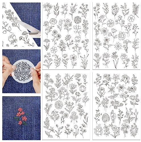 GLOBLELAND 4 Blatt Wasserlösliche Handnähstabilisatoren Mit Blumen Und Blättern Für Stoffstickerei, Stichübungen, Stickmusterübertragungen Für Stickanfänger