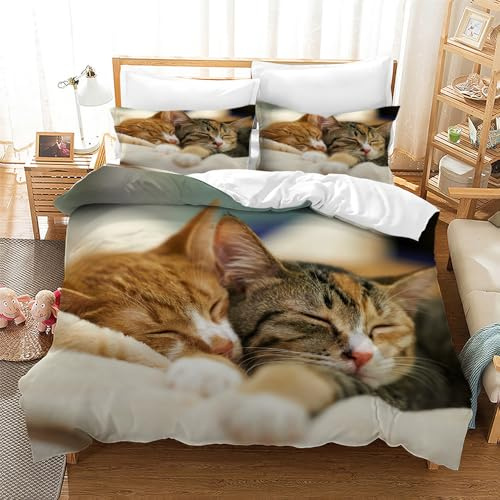 CXYXHW Katze Bettwäsche Set 135x200cm,3D Katzenmotiv Mikrofaser Bettbezug,Haustier Katze Bettwäsche-Sets 3teilig mit Reißverschluss,tierbedruckte Betten Set für Mädchen Jungen Kinder (C, 135x200cm)