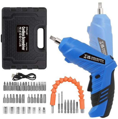 MYMULIKE Cordless Screwdriver, 49 Piece Rechargeable Electric Screwdriver with LED Light, 3.6V Rechargeable Screw Gun, 3 N.m Drill Drivers Ideal for Furniture Assembly, Home DIY Projects (Blue)