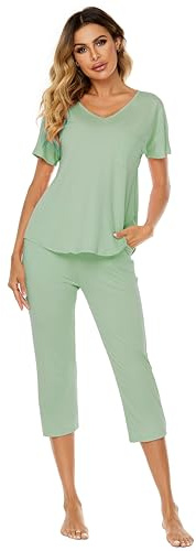 Ietaoo Damen Schlafanzug Sommer Hausanzug Baumwolle Pyjama Kurz Nachtwäsche Set Kurzarm Top und 3/4 Hose Schlafanzug Zweiteiliger Freizeitanzug