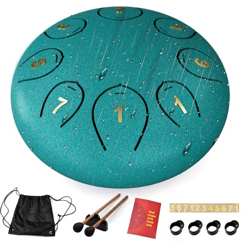 Stahlzungentrommel, 6 Zoll 8 Tone C-Dur Zungentrommel Schlagzeug Anfänger, Steel Pan Töne Schlaginstrument, Hand Pan Drum für Meditation Yoga Klangheilung, Malachitgrün