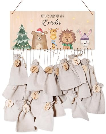wunderwunsch® - Personalisierter Adventskalender zum selber befüllen - mit kinderfreundlichem Druck auf Holz - mit Juteschnur Jutesäckchen und Holzzahlen (Weihnachtsbaum Tiere)