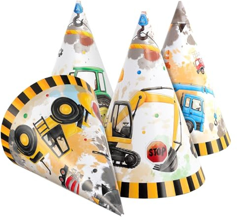 WERNNSAI Geburtstagsparty Hut – 12 Stück Geburtstagspartyzubehör Kegelhut Stirnbänder bunte Papierpartyhüte für Kinder Technisches Fahrzeug C Partyhut