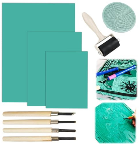 RANJIMA Linoleum Platten Linoldruck Set, Gummistempel Schnitzblöcke A4/A5/A6, Weichgummi Linoldruck Platte zum Gravieren, Flache Oberfläche Linolschnitt Set für Gummi Stempel, Bastel Druckprojekte
